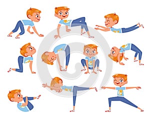 Cut little boy doing physical exercises. Funny cartoon character