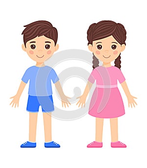 Cut Little Brunette Boy in Shorts, Shirt, Shoes and Girl with Pigtails, and in Dress. Couple of Children. Two Kids are Smiling.