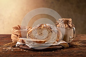 Cut loaf of artisanal wheat bread