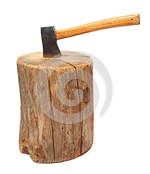 Cut logs fire wood and old axe.