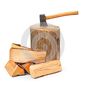 Cut logs fire wood and old axe.
