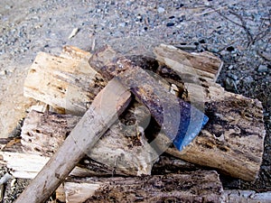Cut logs firewood and old axe