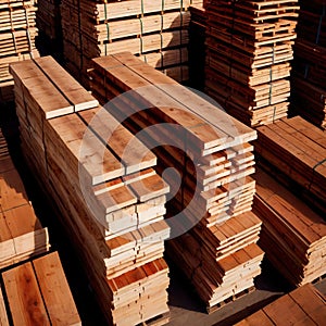 cut lumber and wood for building materials, stacked in lumberyard