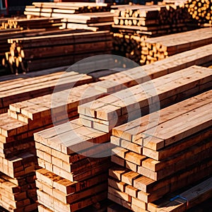 cut lumber and wood for building materials, stacked in lumberyard