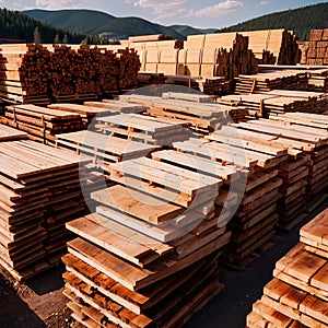 cut lumber and wood for building materials, stacked in lumberyard