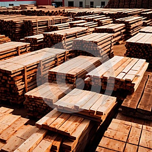 cut lumber and wood for building materials, stacked in lumberyard