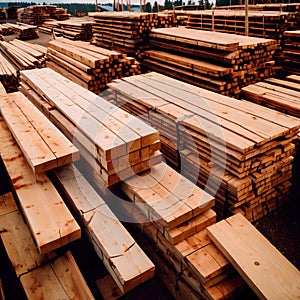 cut lumber and wood for building materials, stacked in lumberyard