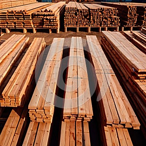 cut lumber and wood for building materials, stacked in lumberyard