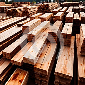 cut lumber and wood for building materials, stacked in lumberyard