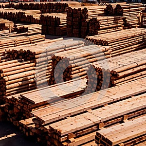 cut lumber and wood for building materials, stacked in lumberyard