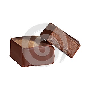 Cut luxury handmade candy with chocolate ganache isolated on white background