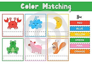 Cut and match the colors. Educational game for kids. Sorting activity puzzle