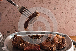 Cut of meat `Aguja norteÃÂ±a Sonora`, served on a silver plate in the shape of a cow 8 photo