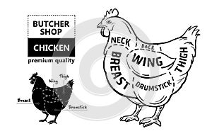 Cut of meat set. Poster Butcher diagram and scheme - Chicken. Vintage typographic hand-drawn