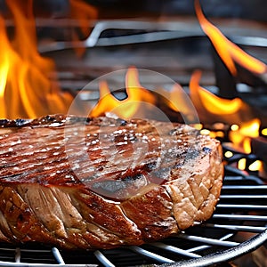 A Cut of Medium Rare Steak on a Grill With Flames Generative AI