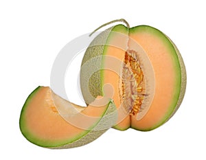 Cut off ripe orange muskmelon with stem isolated on white background