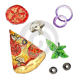 Cut off slice pizza isolated, watercolor painting on white background clipart