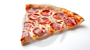 Cut off slice pizza isolated on white background. Neural network AI generated
