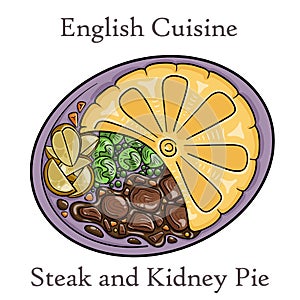 Cut open Steak and Kidney Pie on white background. Beef meat pie with vegetables and gravy