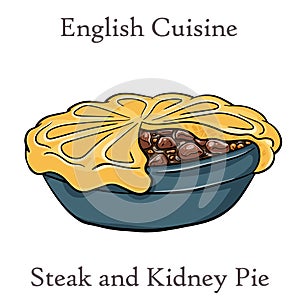 Cut open Steak and Kidney Pie on white background. Beef meat pie with vegetables and gravy