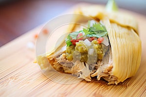 cut open tamale showing the filling
