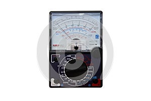 Cut out of analog multimeter with pointer needle is not in the zero position or Zero Error, isolated on white background .