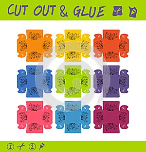 Cut out and glue educational paper game for children. Use scissors and glue to create colored boxes for small things, trifles