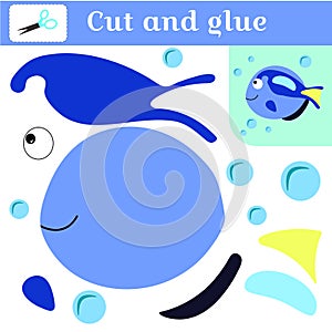 Cut out and glue. Paper stitches game for preschoolers. Puzzle - applique. Handmade to create a fish. Blue fish and bubbles.
