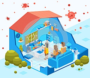 Cut out isometric illustration of stay at home family to avoid virus contagious, stay safe at home
