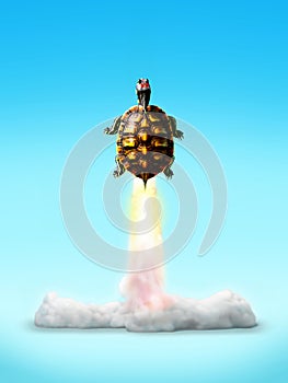 Cut-out object shot of a fast turtle rocket launch isolated on a blue background