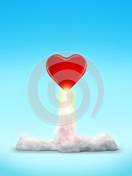 Cut-out object shot of a heart rocket launch isolated on a blue background