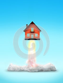 Cut-out object shot of a house rocket launch isolated on a blue background