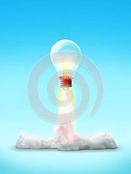 Cut-out object shot of a light bulb rocket launch isolated on a blue background