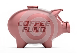 Cut-out object shot of a pink piggy bank with the copy Coffee Fund isolated on a white background.
