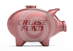 Cut-out object shot of a pink piggy bank with the copy Cruise Fund isolated on a white background.