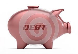 Cut-out object shot of a pink piggy bank with the copy DEBT isolated on a white background.