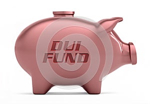Cut-out object shot of a pink piggy bank with the copy DUI Fund isolated on a white background.