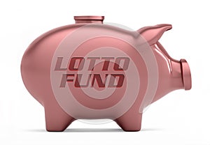 Cut-out object shot of a pink piggy bank with the copy Lotto Fund isolated on a white background.