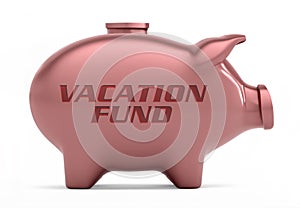 Cut-out object shot of a pink piggy bank with the copy Vacation fund isolated on a white background.