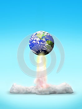 Cut-out object shot of the planet Earth rocket launch isolated on a blue background