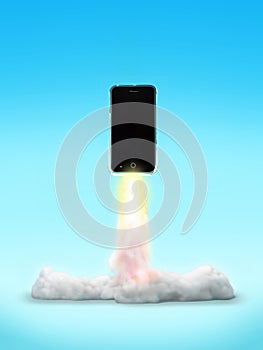 Cut-out object shot of a smart phone rocket launch isolated on a blue background
