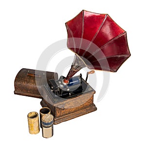 Cut out Old phonograph with three cylinder records with clipping path