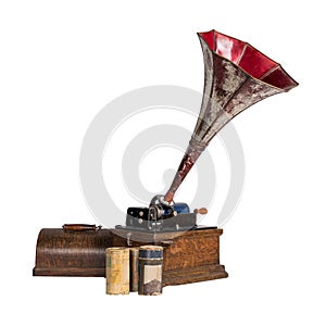Cut out Old phonograph with three cylinder records, includes clipping path