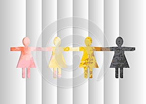 Cut out paper silhouettes of women against a background of multicolored watercolor stains.