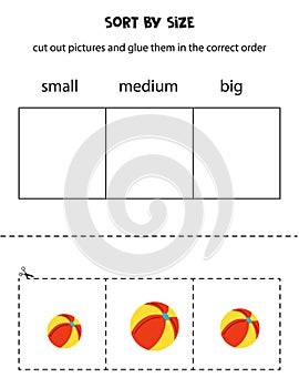 Sort cartoon balls by size. Educational worksheet for kids. photo