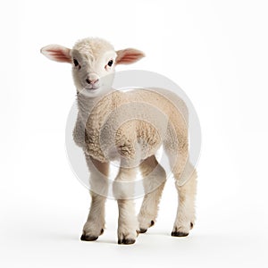 Cut out of young sheep lamb isolated on white background looking at camera. Full body length.