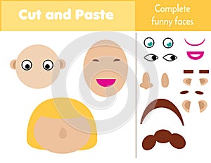 Cut and paste children educational game. Paper cutting activity. Complete funny faces with glue and scissors. Stickers game for to