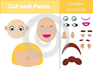 Cut and paste children educational game. Paper cutting activity. Complete funny faces with glue and scissors. Stickers game for to photo