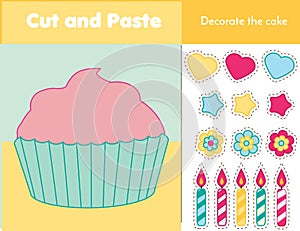 Cut and paste children educational game. Paper cutting activity. Decorate a cupcake with glue and scissors. Stickers game for todd