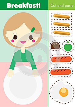 Cut and paste children educational game. Paper cutting activity. Make a breakfast food with glue. DIY worksheet. photo